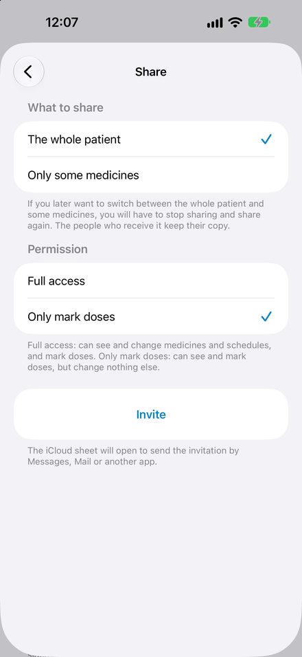 Screen to share a patient and choose a permission