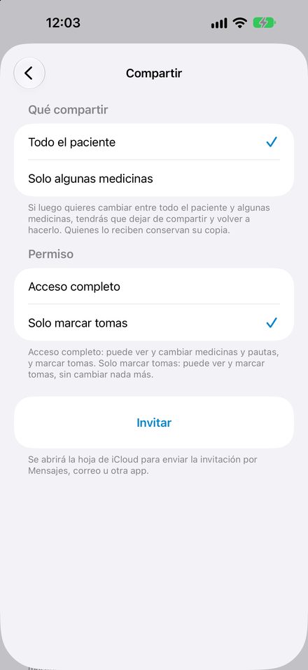 Pantalla para compartir un paciente y elegir su permiso
